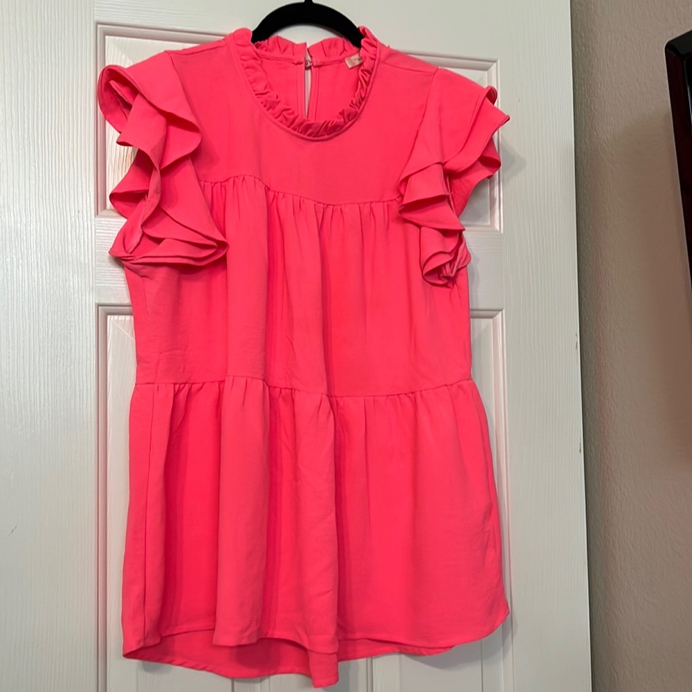 NWOT bright pink top with ruffle detail size medium
